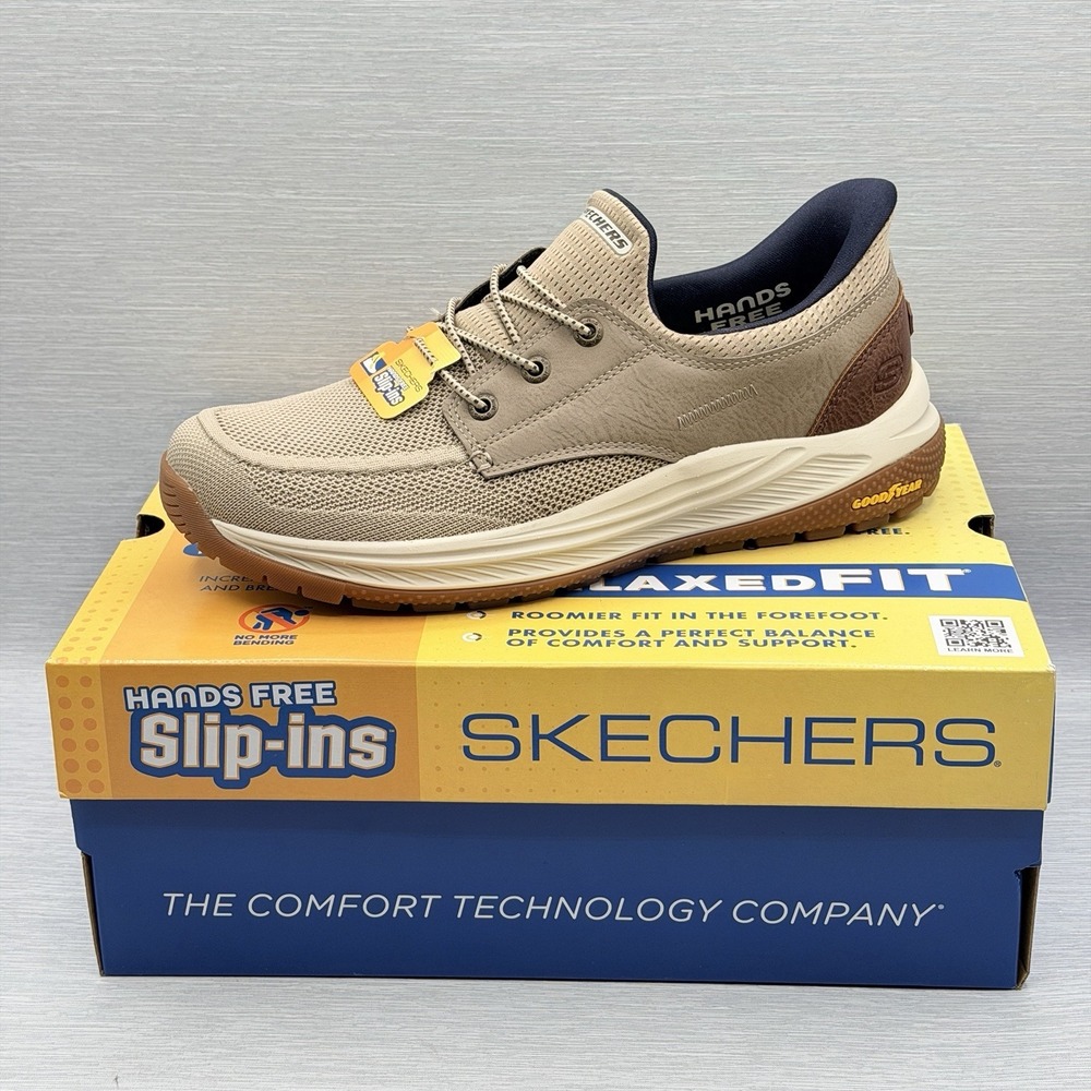 Skechers Slip Ins Men's 10 Wide Taupe Walking Shoes Relaxed Fit Goodyear Meroe